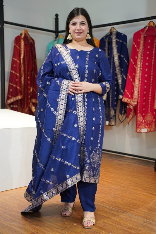 Neelima Blue Jacquard Silk Suit