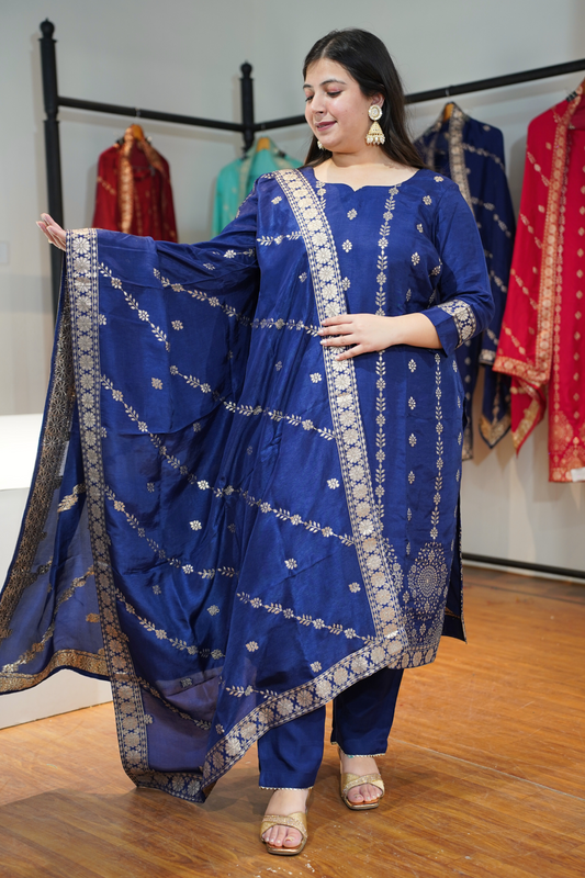 Neelima Blue Jacquard Silk Suit