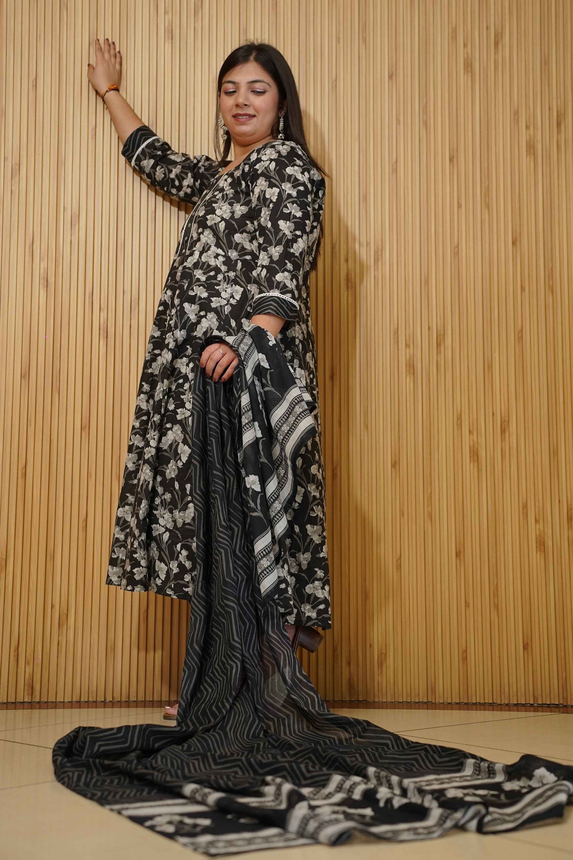 Noir Petals Ajrakh Anarkali Set