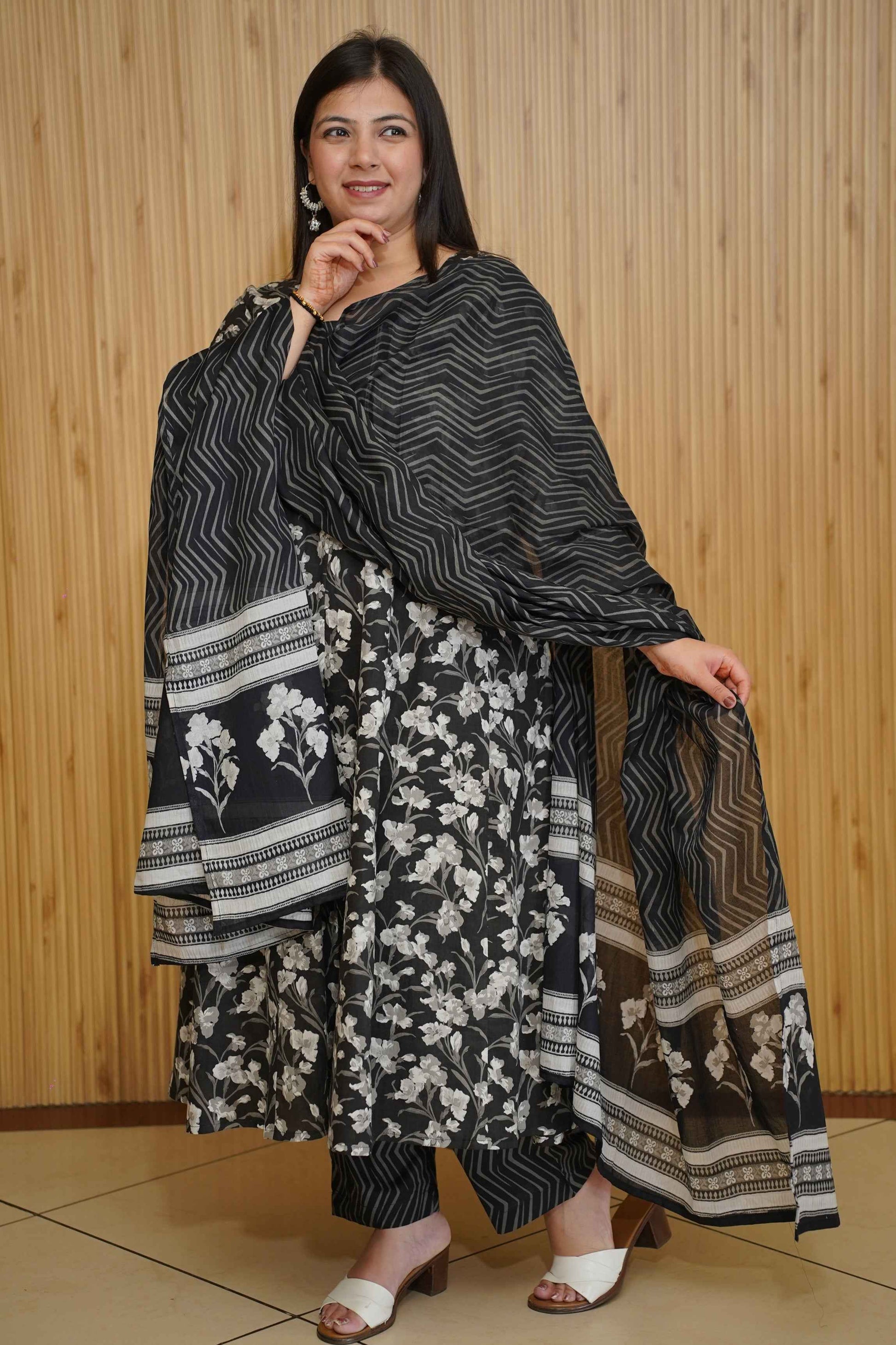 Noir Petals Ajrakh Anarkali Set