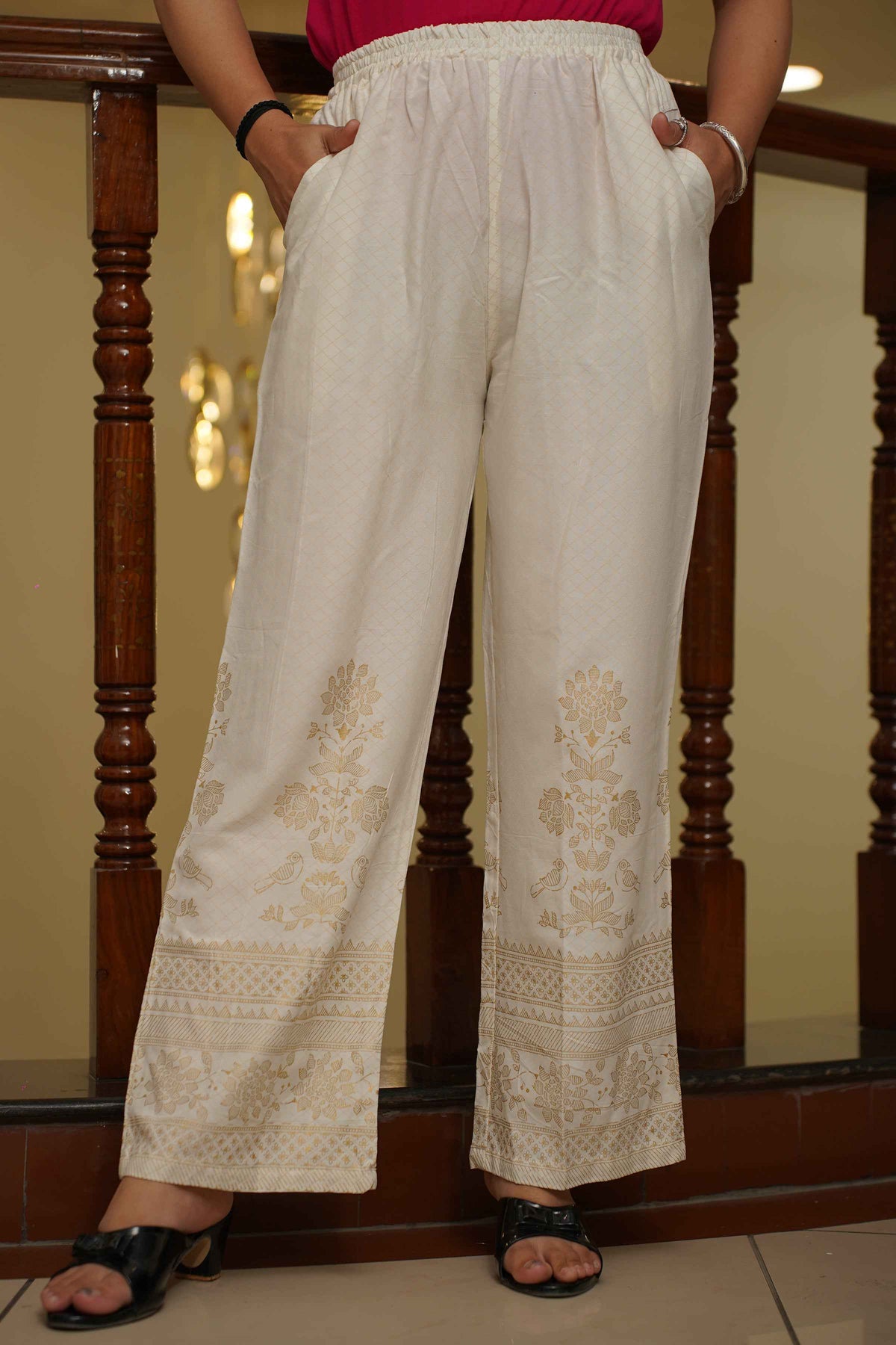 Off White Foiled Rayon Palazzo