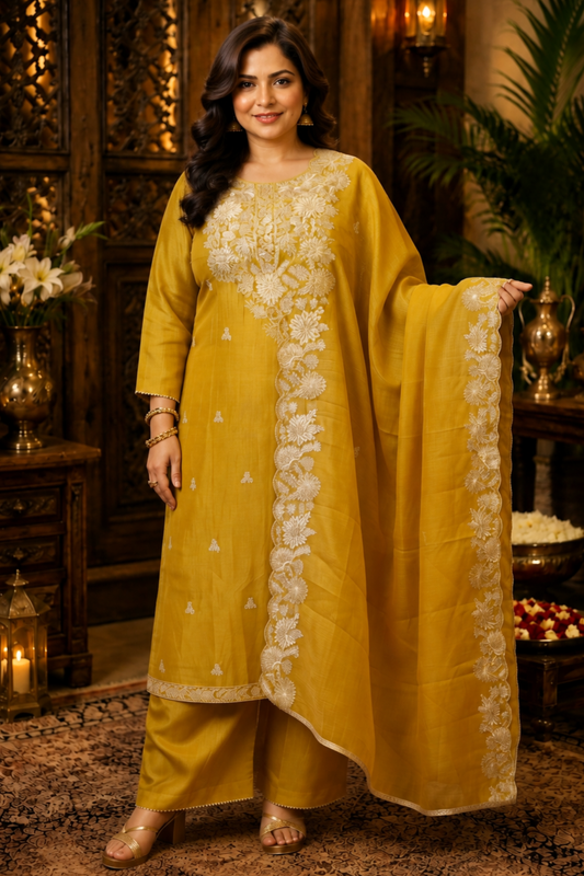 Aarvika Tissue Shimmer Suit With Zari Embroidery