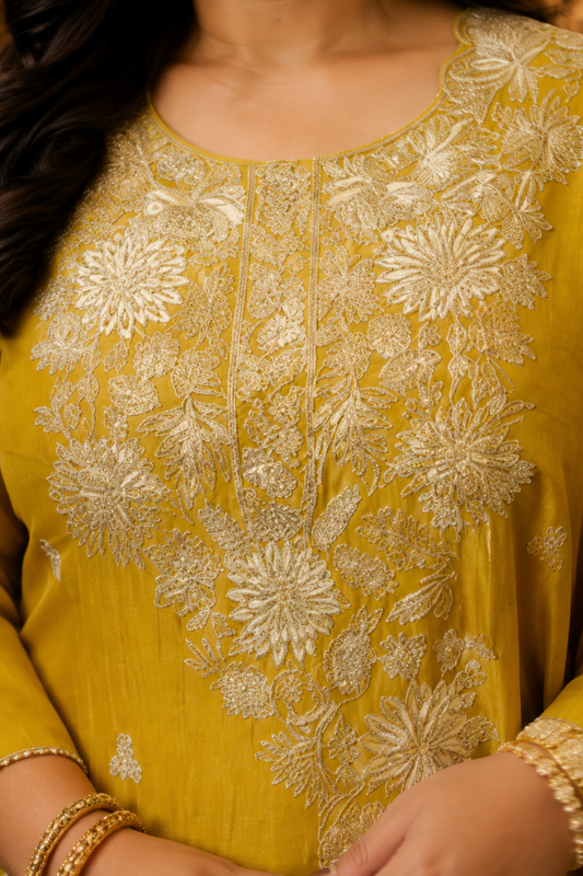 Aarvika Tissue Shimmer Suit With Zari Embroidery