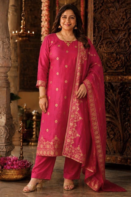 Rohini Pink Jacquard Silk Suit