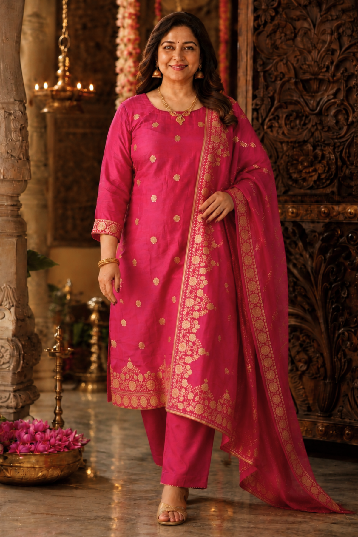 Rohini Pink Jacquard Silk Suit
