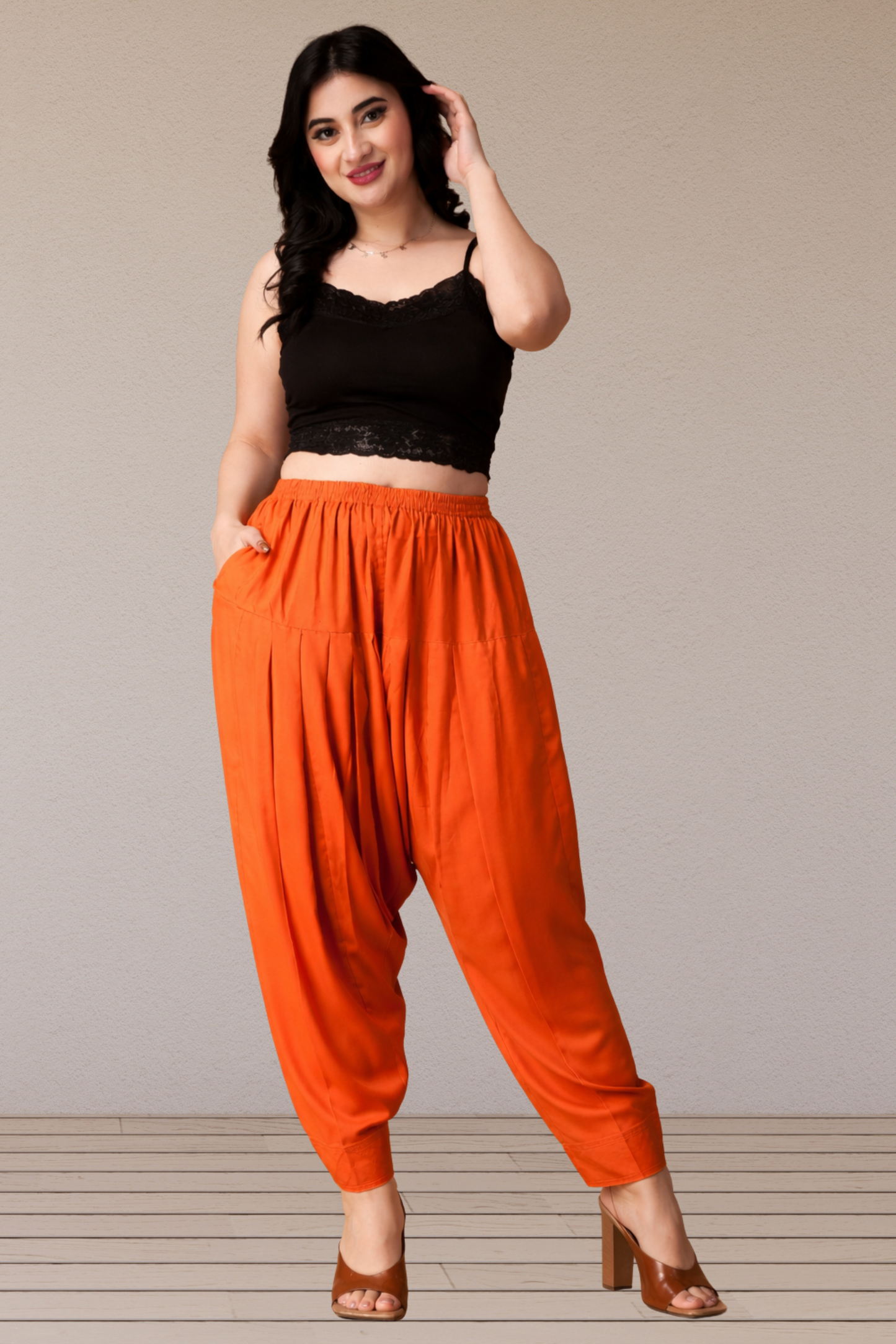 Orange Pleated Cotton Salwar