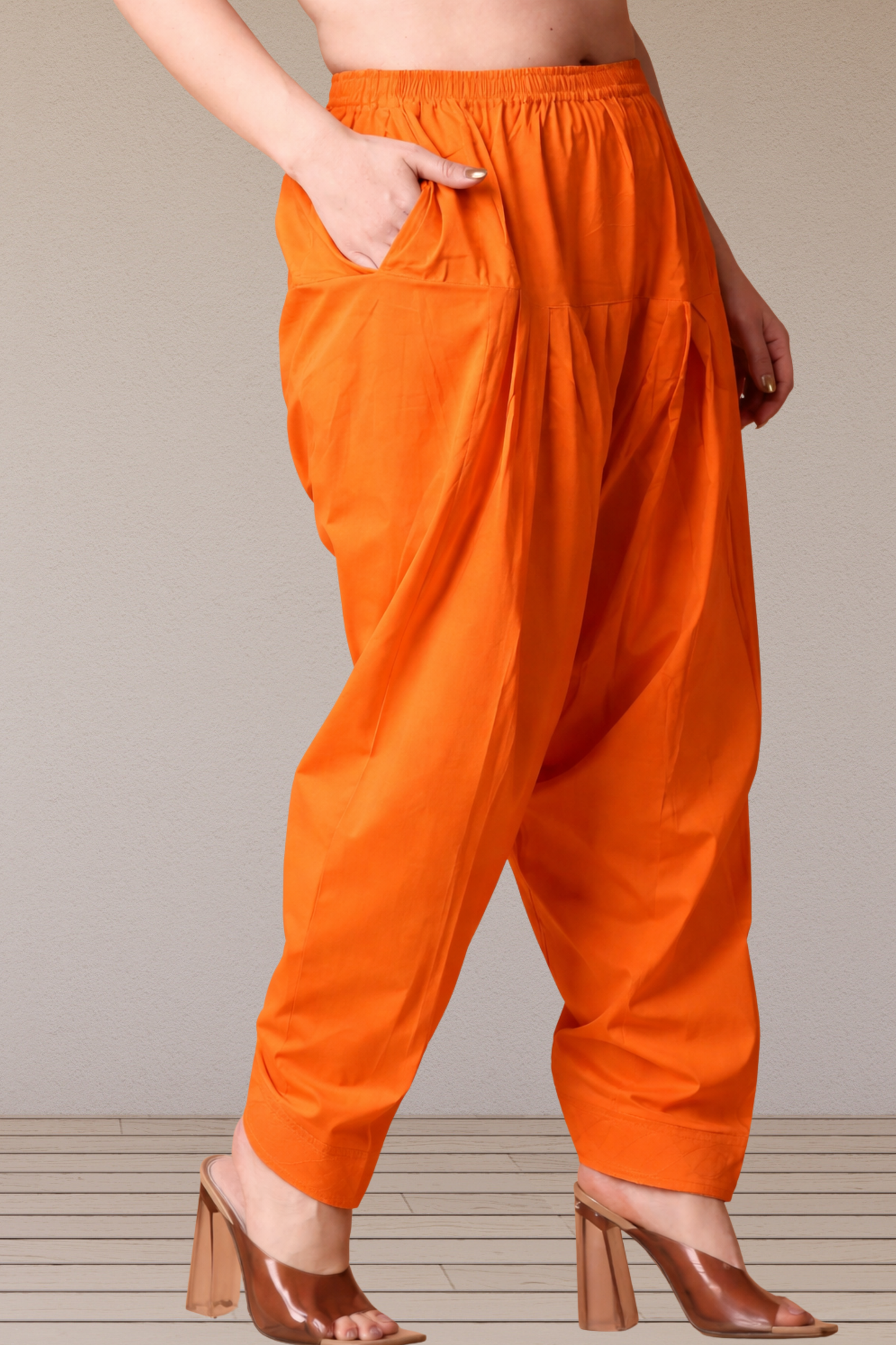Orange Pleated Cotton Salwar