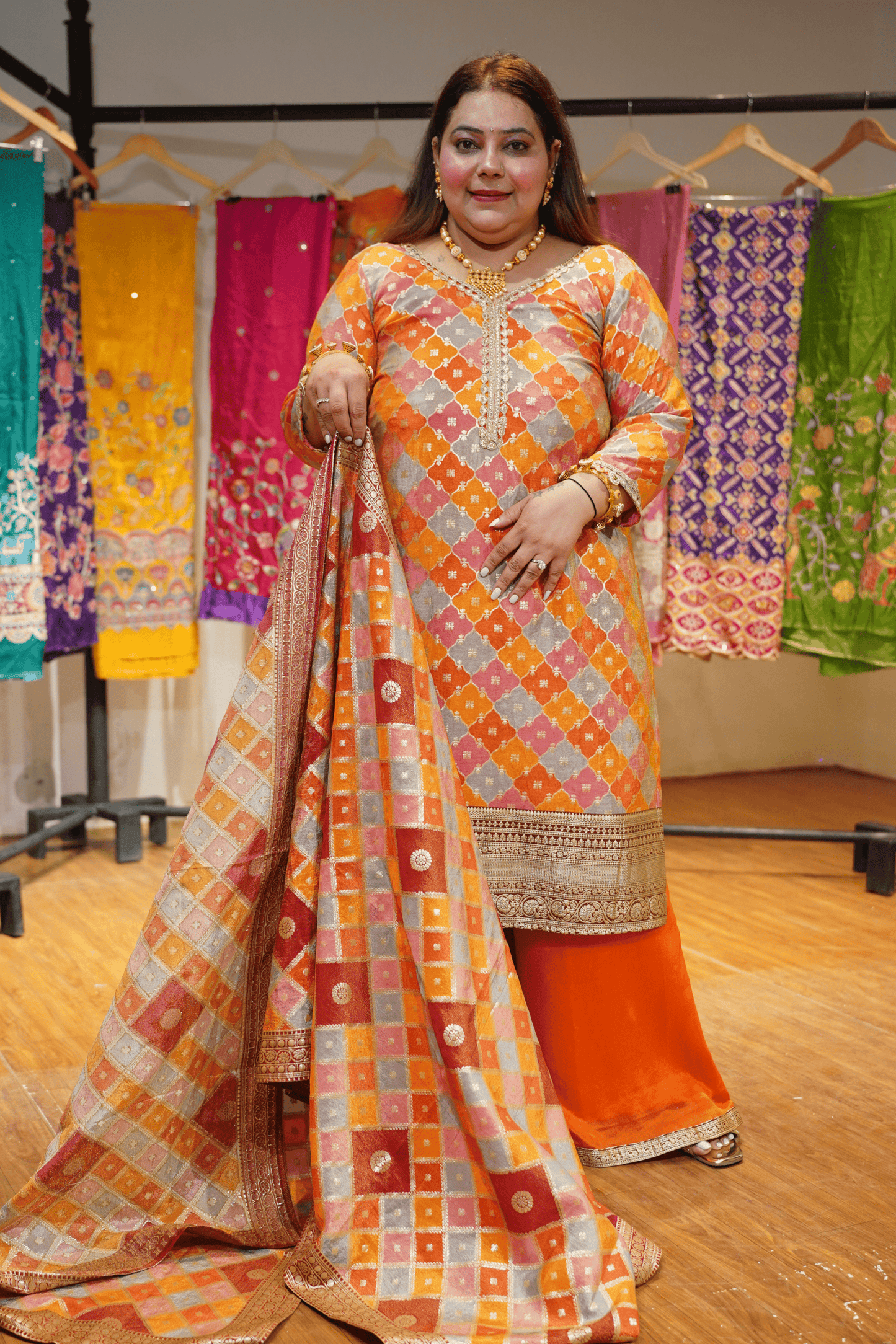 Amaira Saffron Suit Set in Jacquard Silk