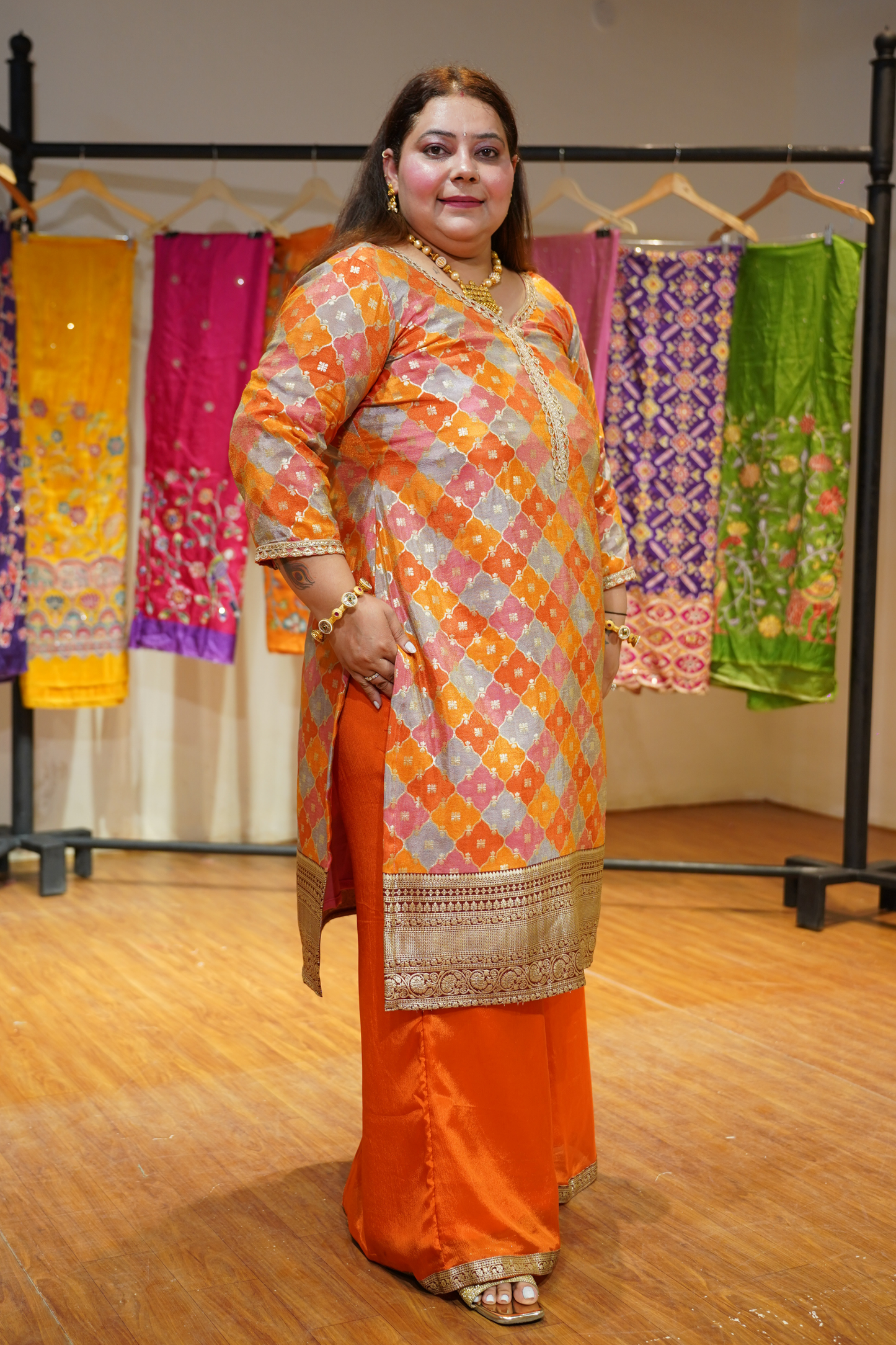 Amaira Saffron Suit Set in Jacquard Silk