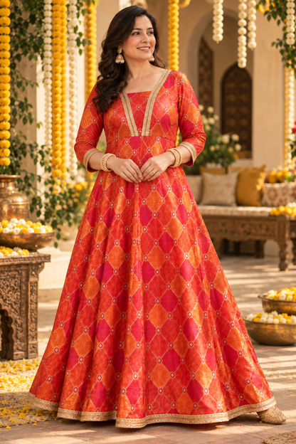 Tarini Orange Silk Dress with Jacquard Weave