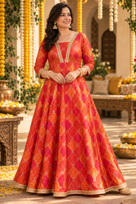 Tarini Orange Silk Dress with Jacquard Weave