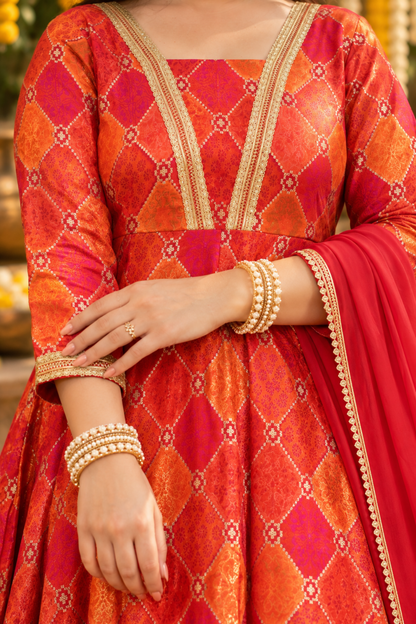 Tarini Orange Silk Dress with Jacquard Weave