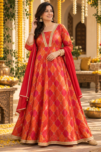 Tarini Orange Silk Dress with Jacquard Weave
