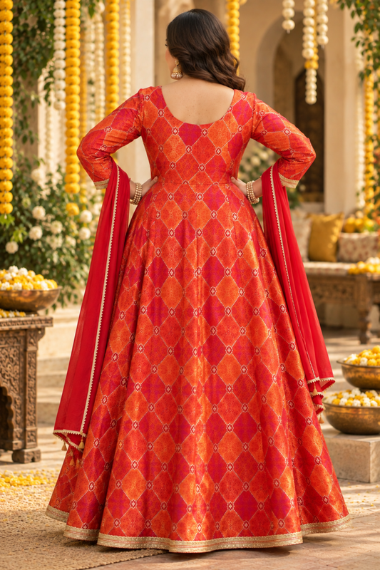 Tarini Orange Silk Dress with Jacquard Weave