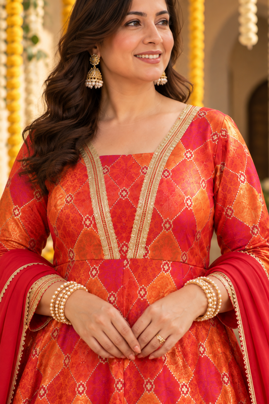 Tarini Orange Silk Dress with Jacquard Weave