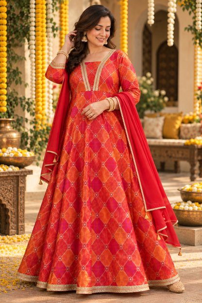 Tarini Orange Silk Dress with Jacquard Weave