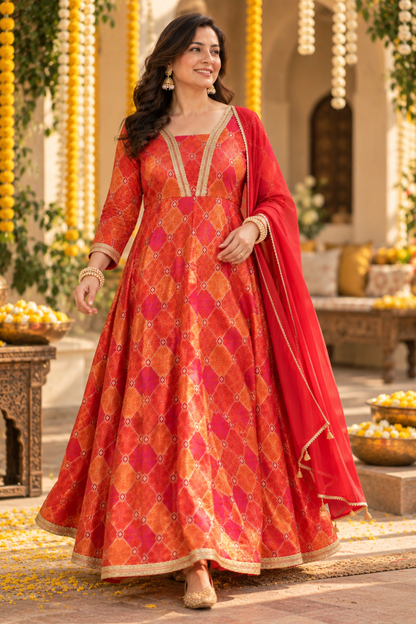 Tarini Orange Silk Dress with Jacquard Weave