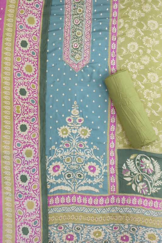 Parrot Sitara Muslin Dress Material with Aari Work