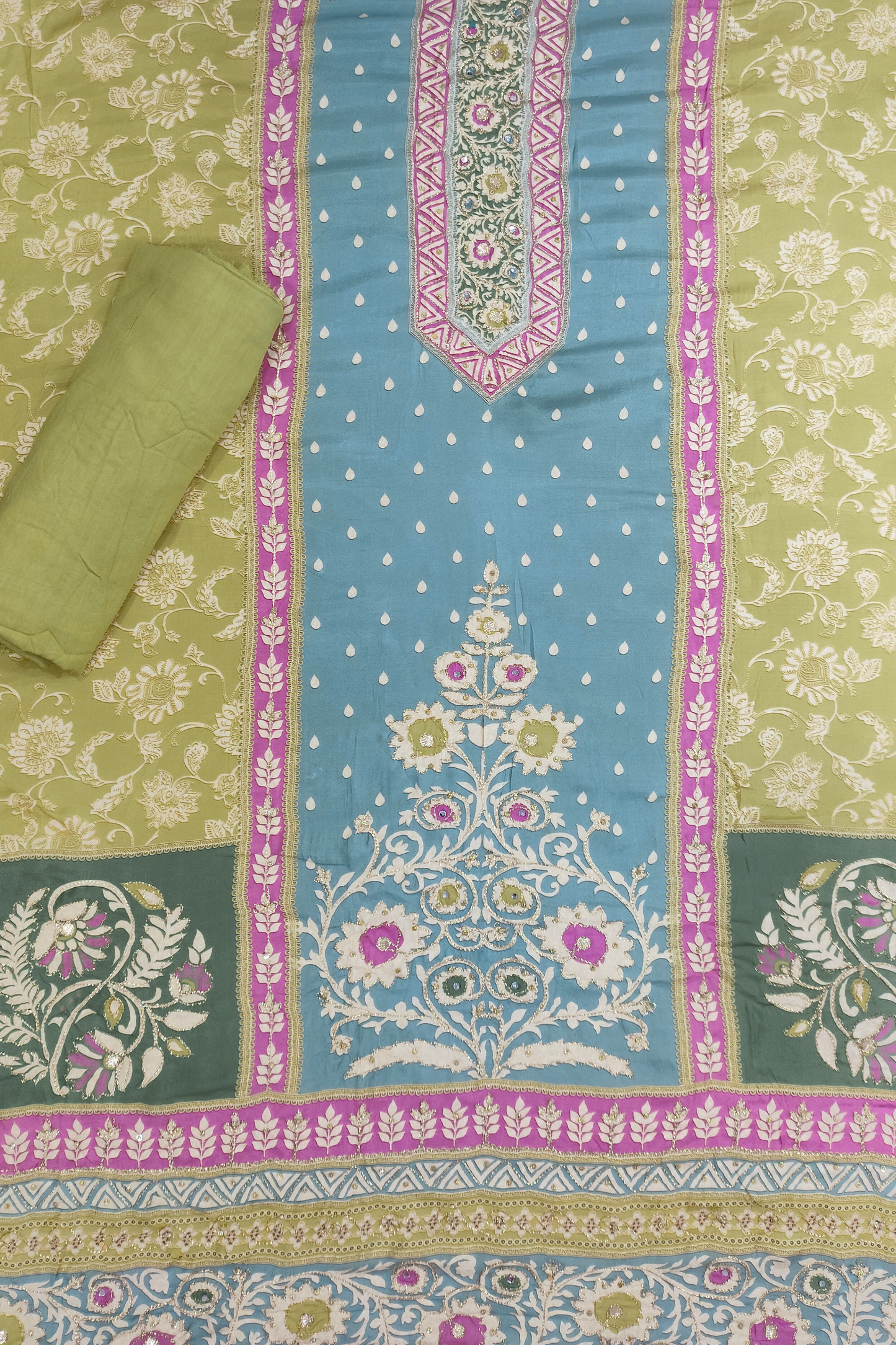 Parrot Sitara Muslin Dress Material with Aari Work