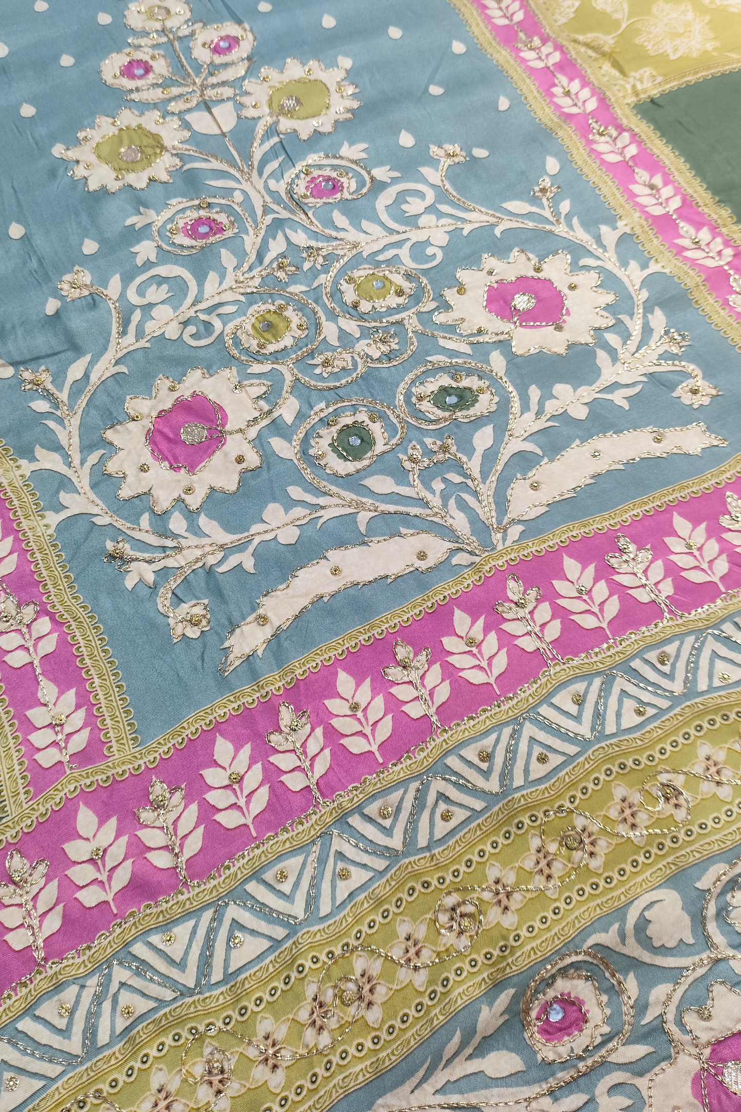 Parrot Sitara Muslin Dress Material with Aari Work