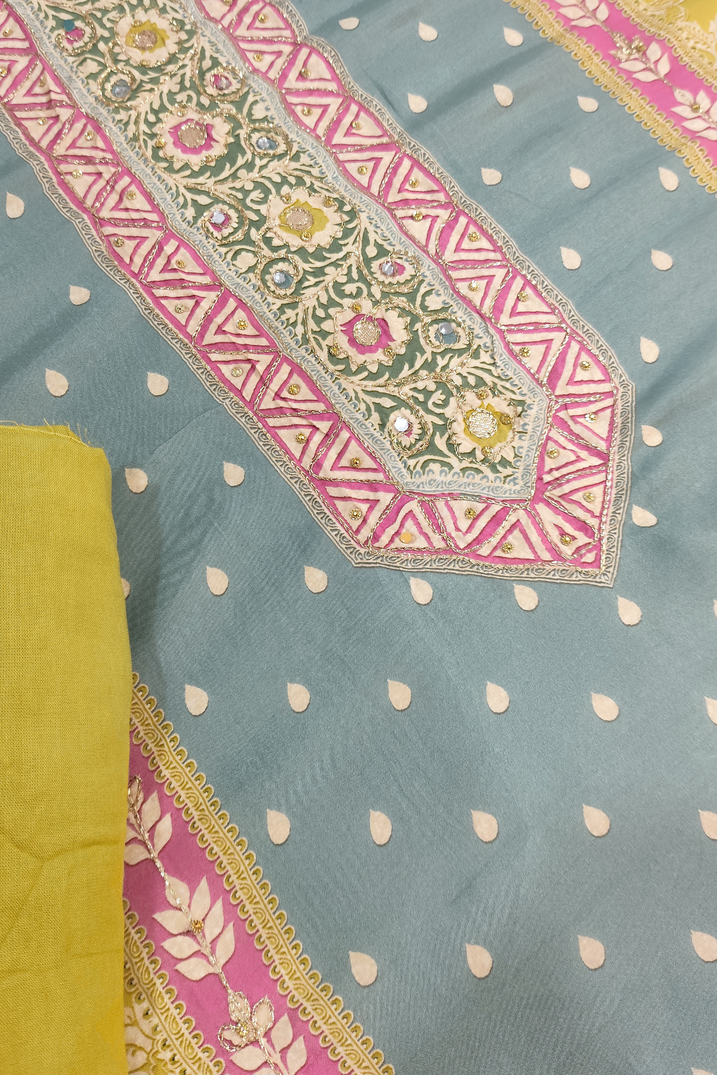 Parrot Sitara Muslin Dress Material with Aari Work