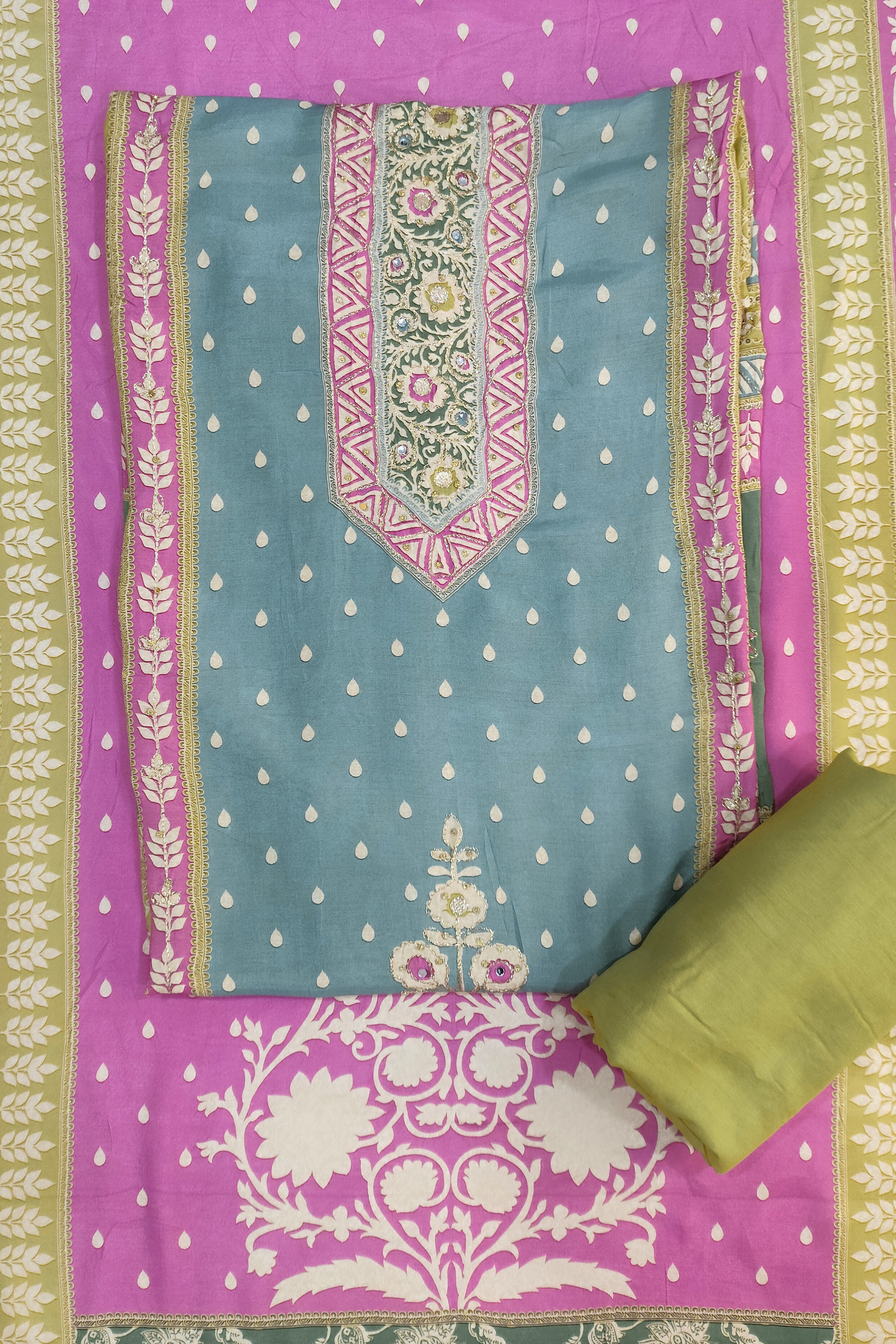 Parrot Sitara Muslin Dress Material with Aari Work