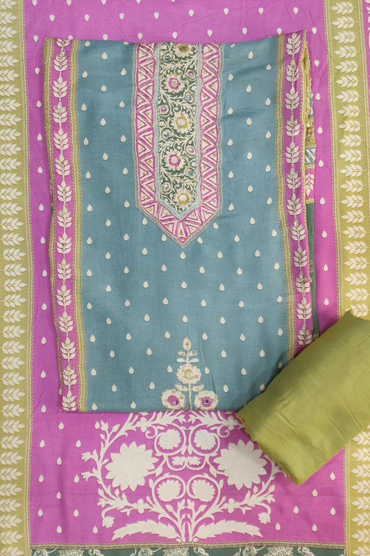 Parrot Sitara Muslin Dress Material with Aari Work