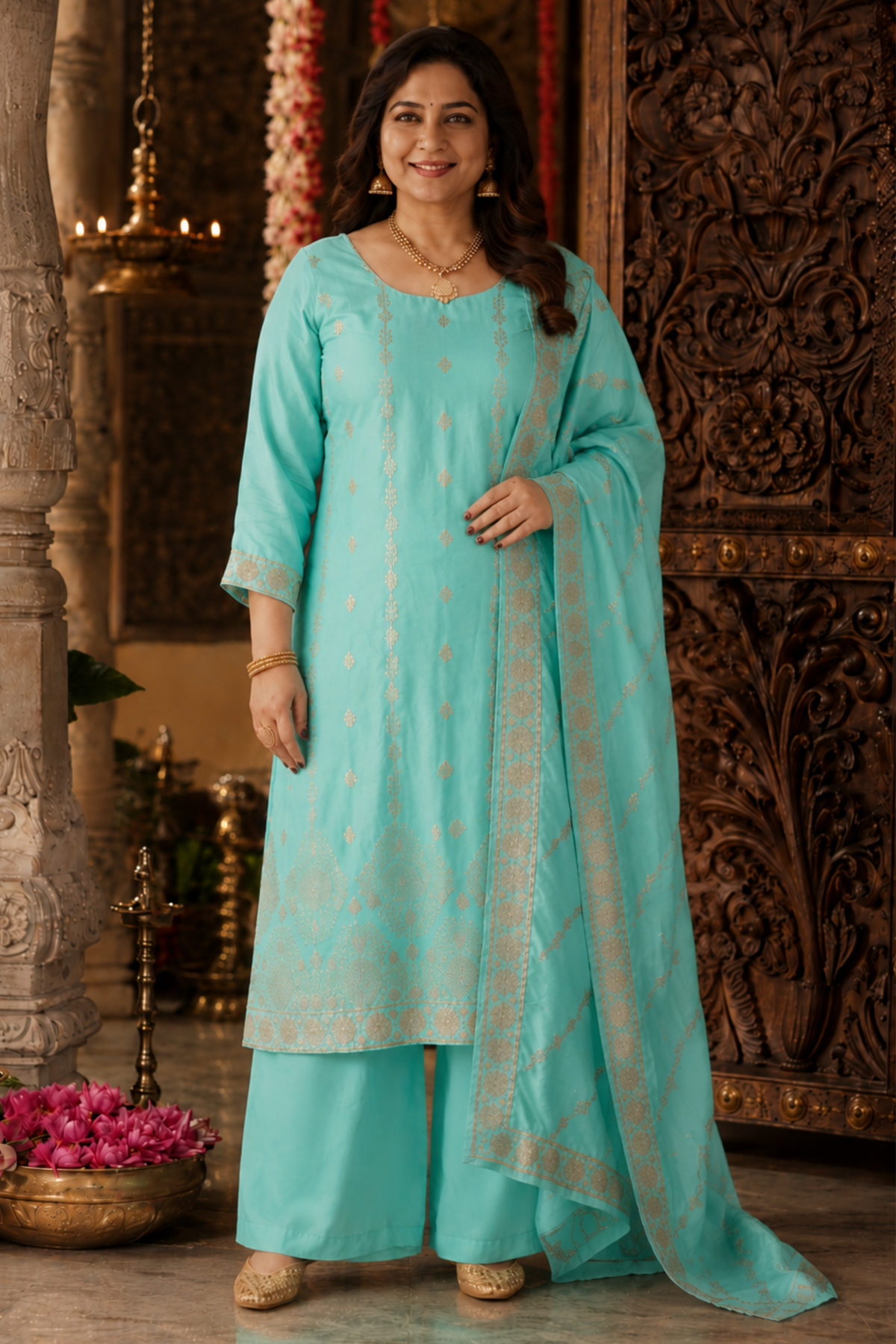 Anaaya Aqua Jacquard Silk Suit
