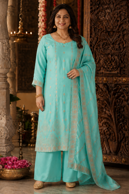 Anaaya Aqua Jacquard Silk Suit