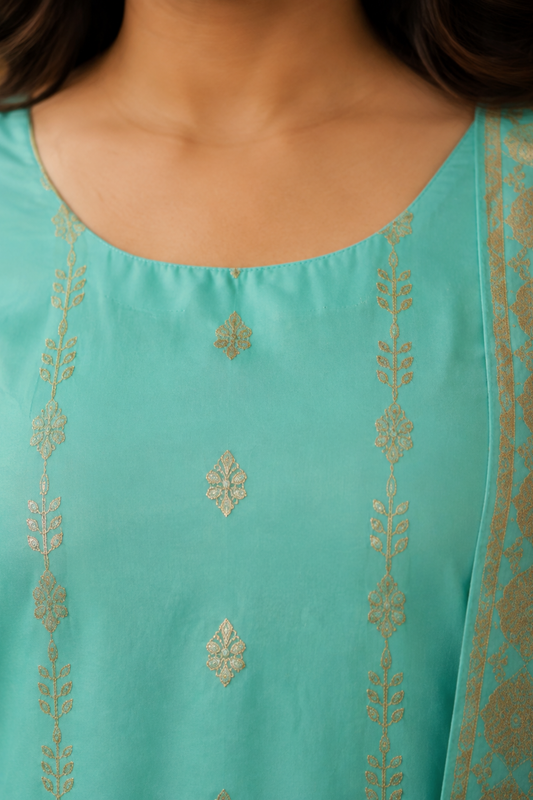 Anaaya Aqua Jacquard Silk Suit