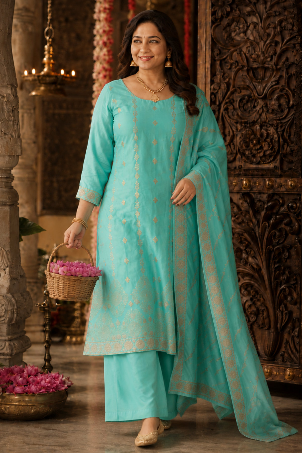 Anaaya Aqua Jacquard Silk Suit