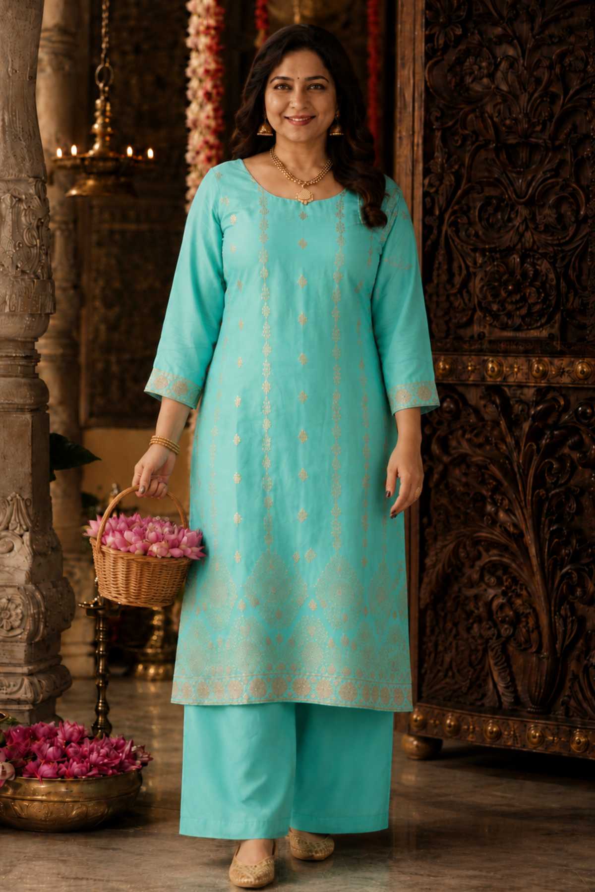 Anaaya Aqua Jacquard Silk Suit