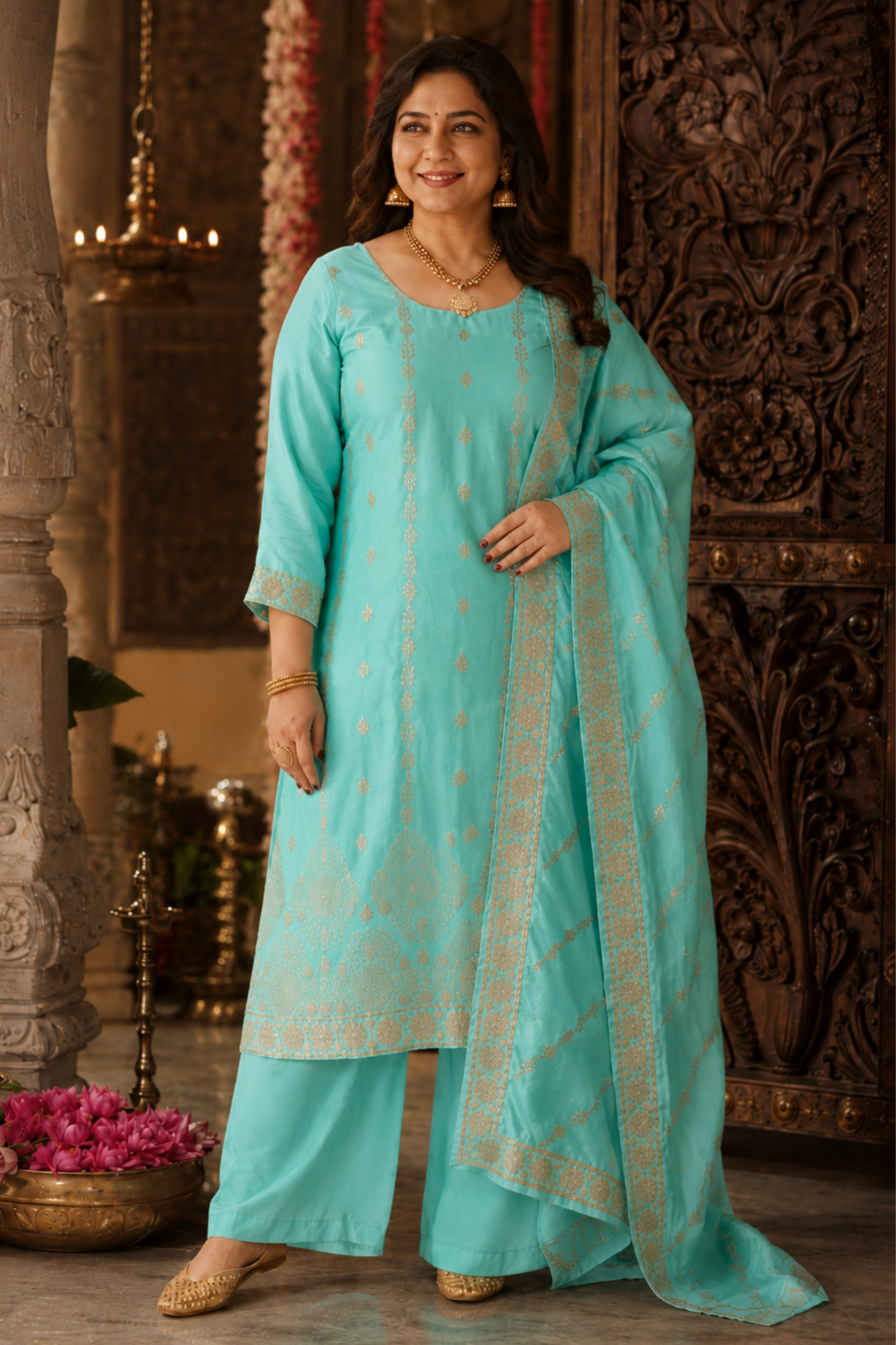 Anaaya Aqua Jacquard Silk Suit