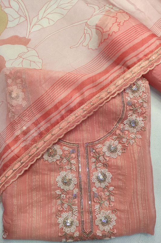 Peach Organza Sequined Unstitched Suit