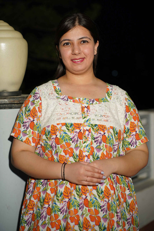 Buy Plus Size ​Orange Lace Accent Night Gown At Apella | Sizes XS to 10 XL | India | Free Delivery | Customized