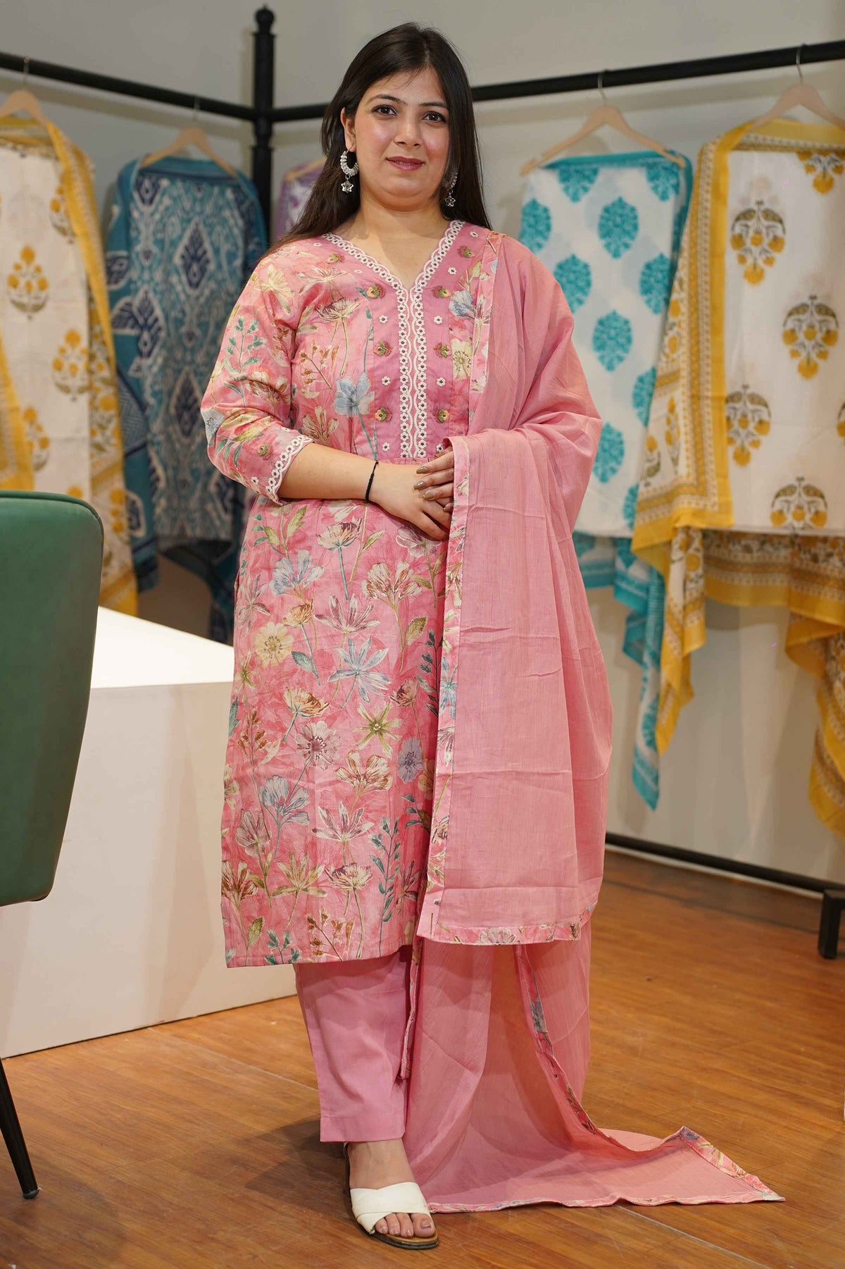 Peachy Pink Floral Cotton Suit