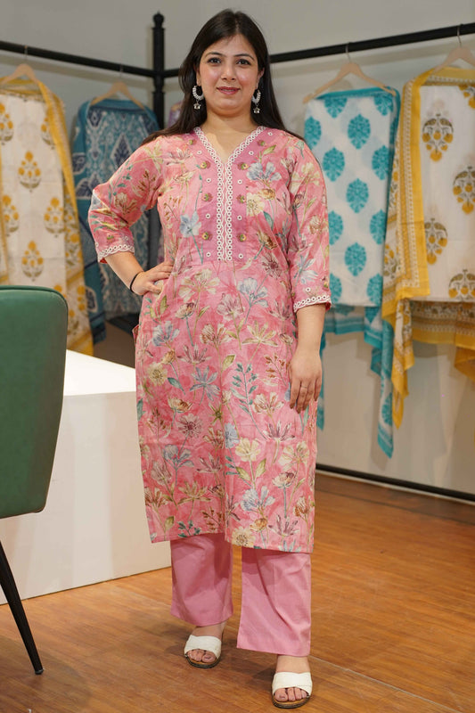 Peachy Pink Floral Cotton Suit