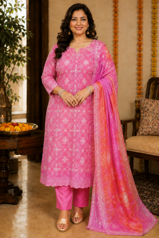 Gulabi Phagun Bandhej Suit Set