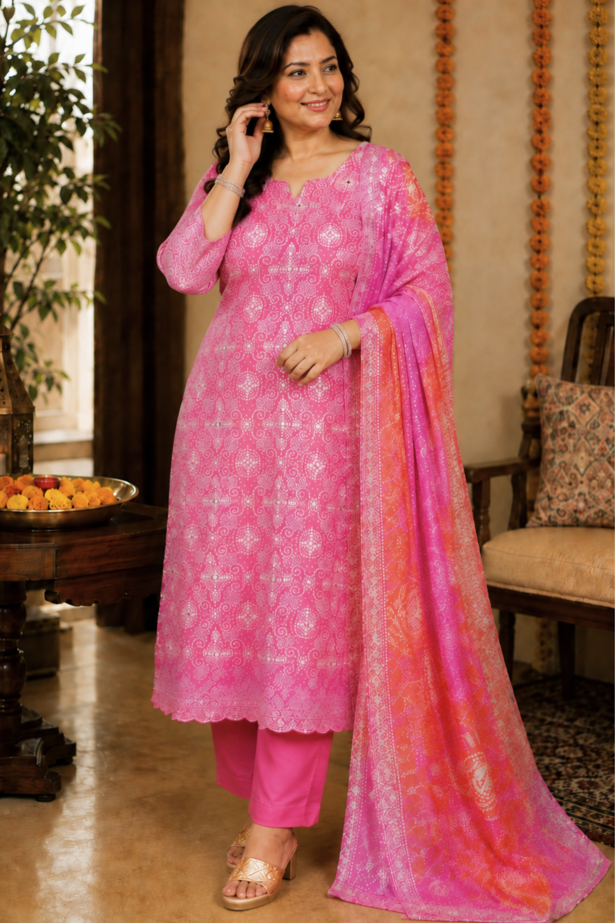 Gulabi Phagun Bandhej Suit Set
