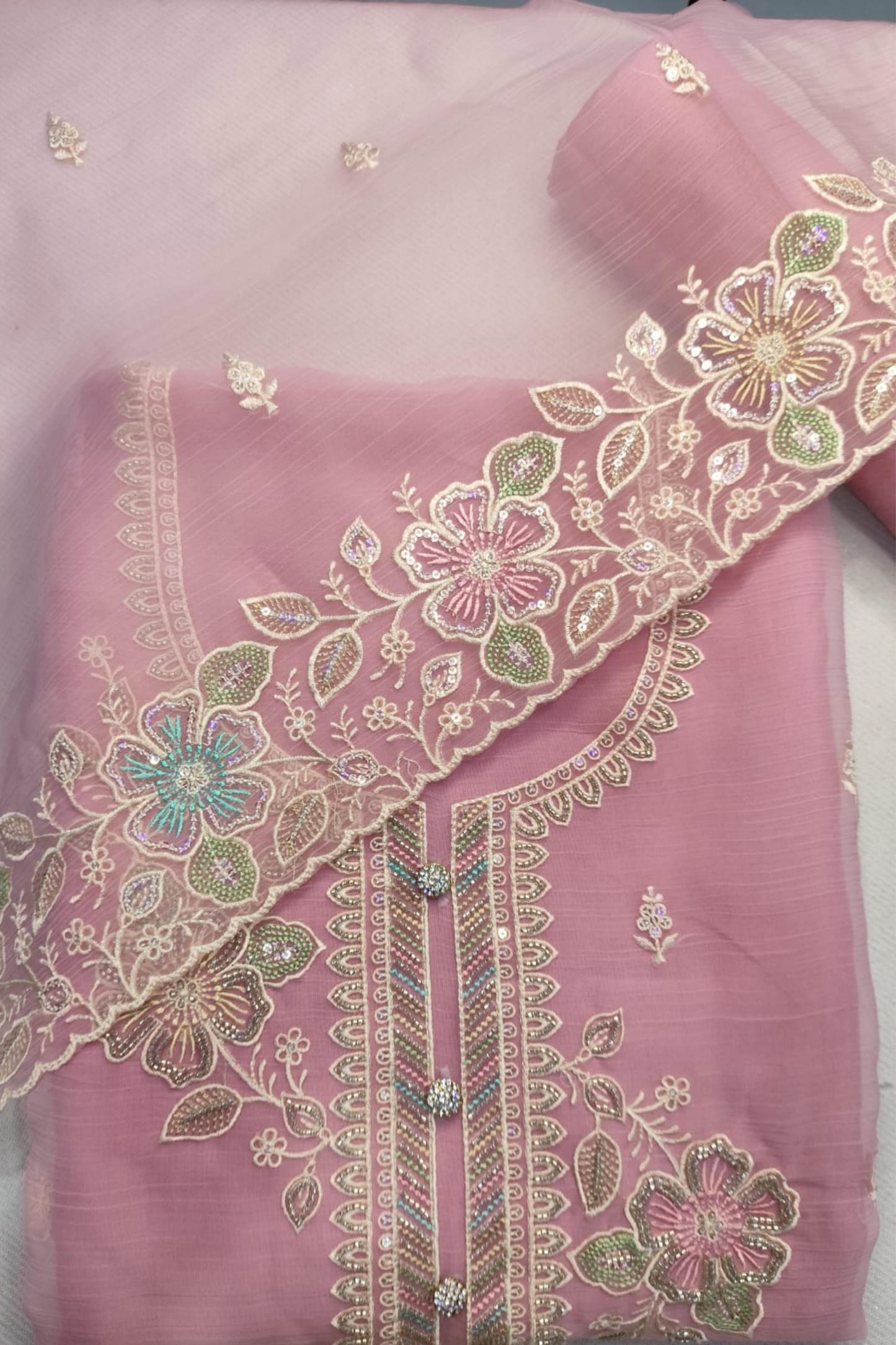 Pink Crushed Organza Suit with Handwork