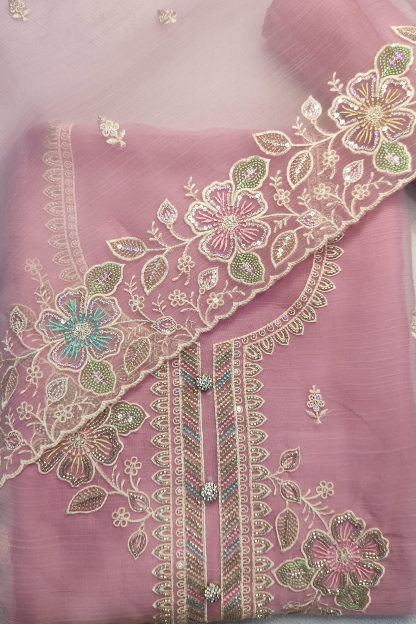 Pink Crushed Organza Suit with Handwork