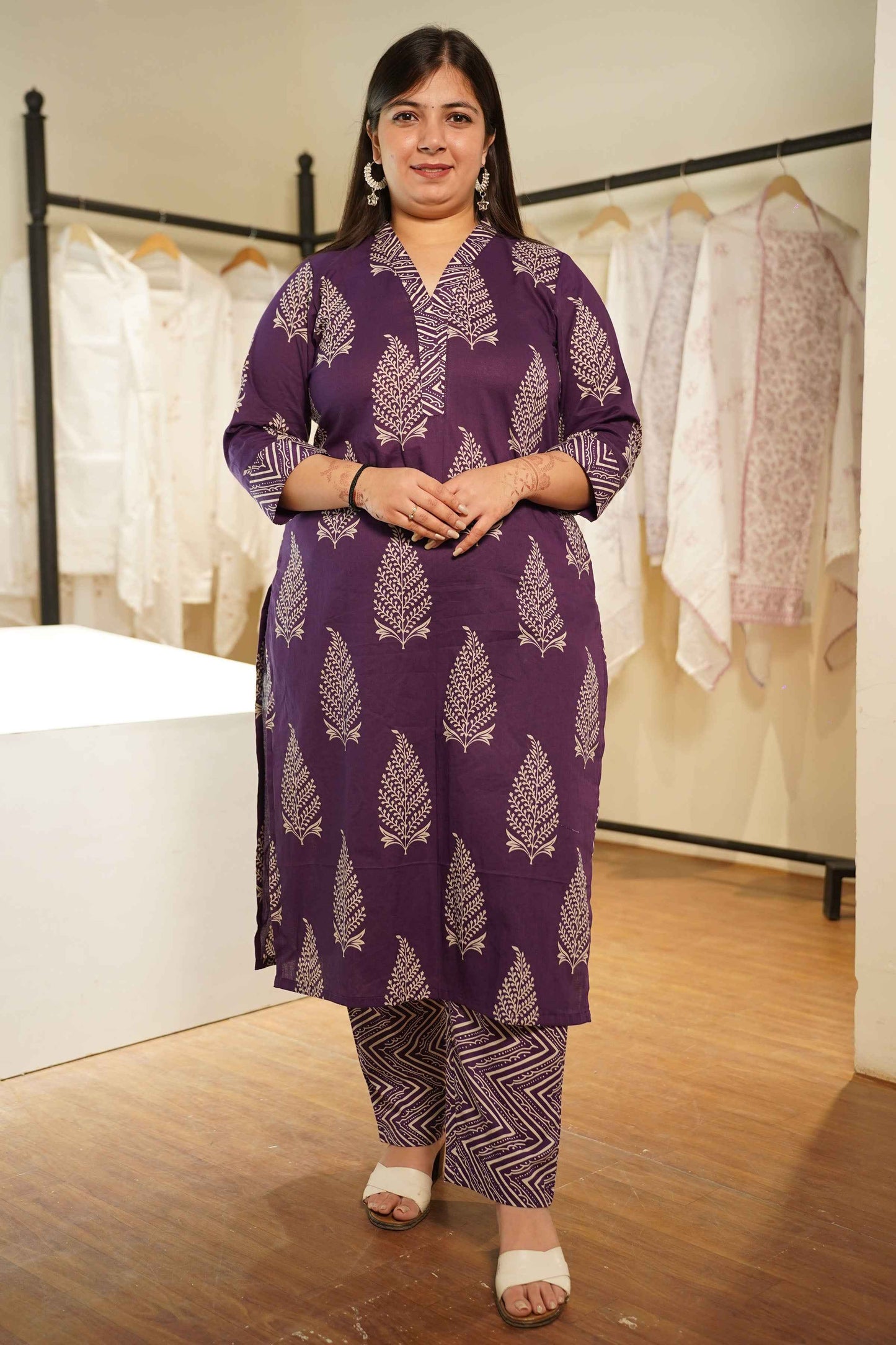 Purple Tropic Block Printed Cotton Suit Set