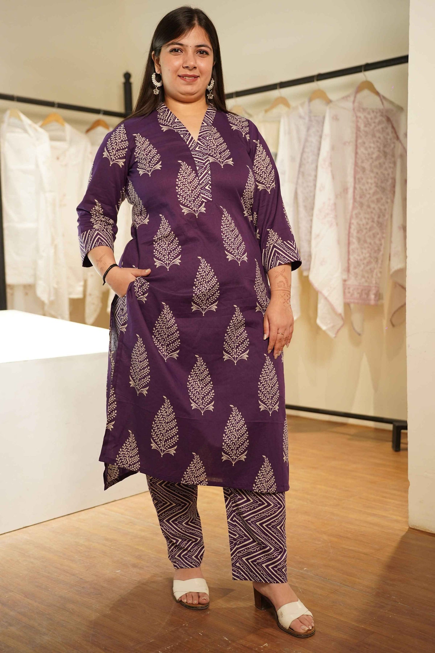 Purple Tropic Block Printed Cotton Suit Set
