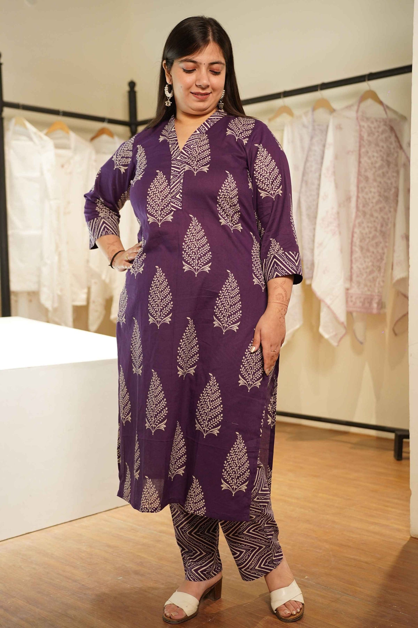 Purple Tropic Block Printed Cotton Suit Set