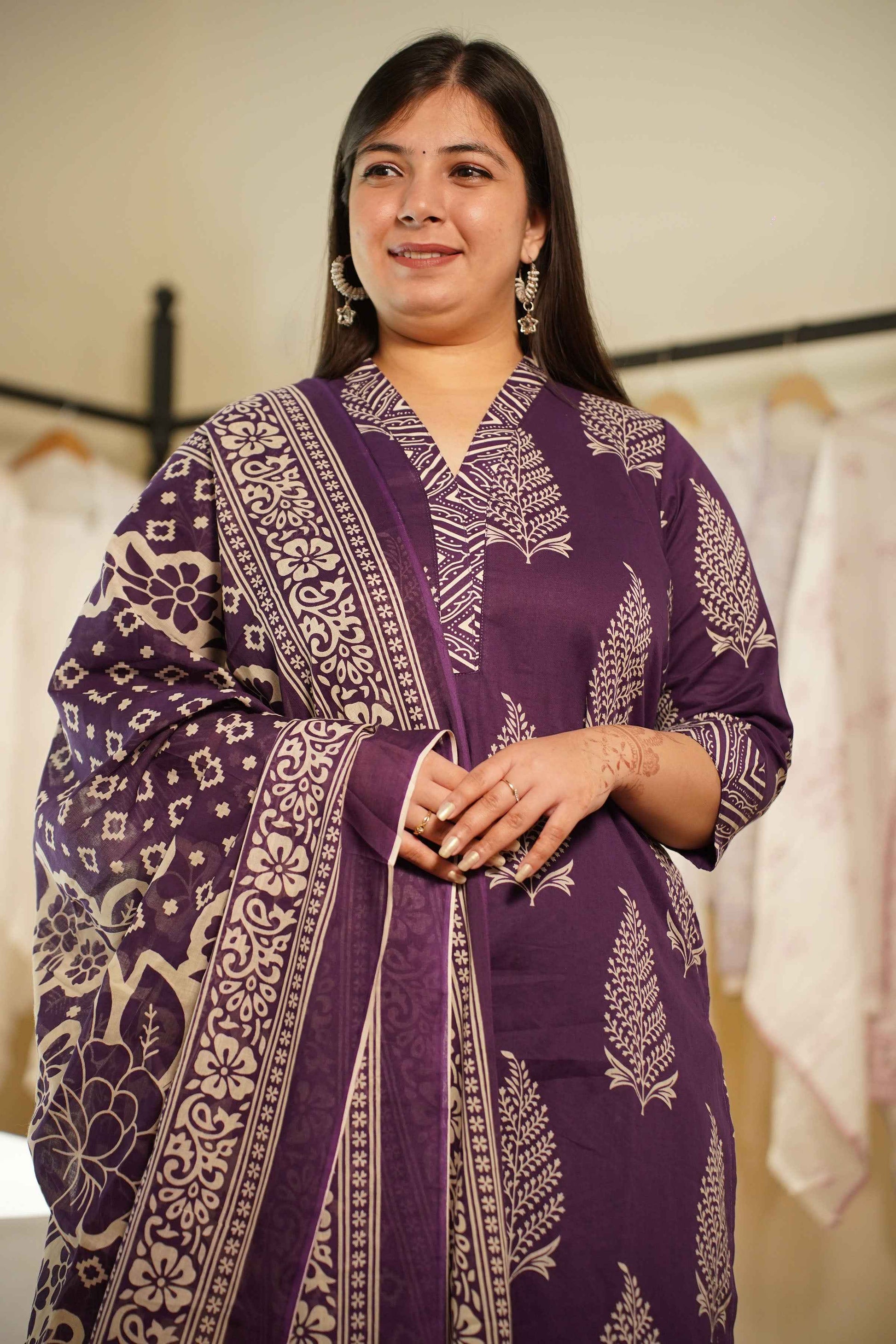 Purple Tropic Block Printed Cotton Suit Set