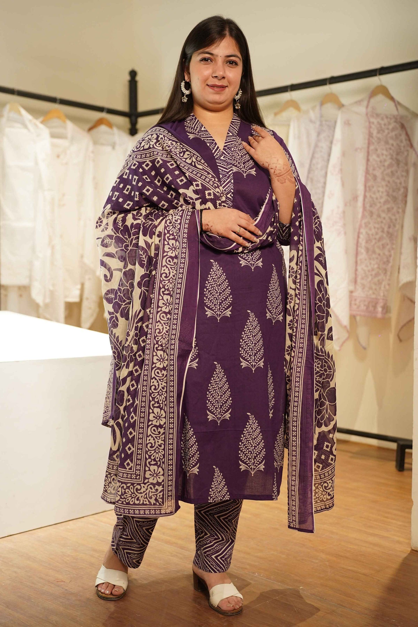 Purple Tropic Block Printed Cotton Suit Set
