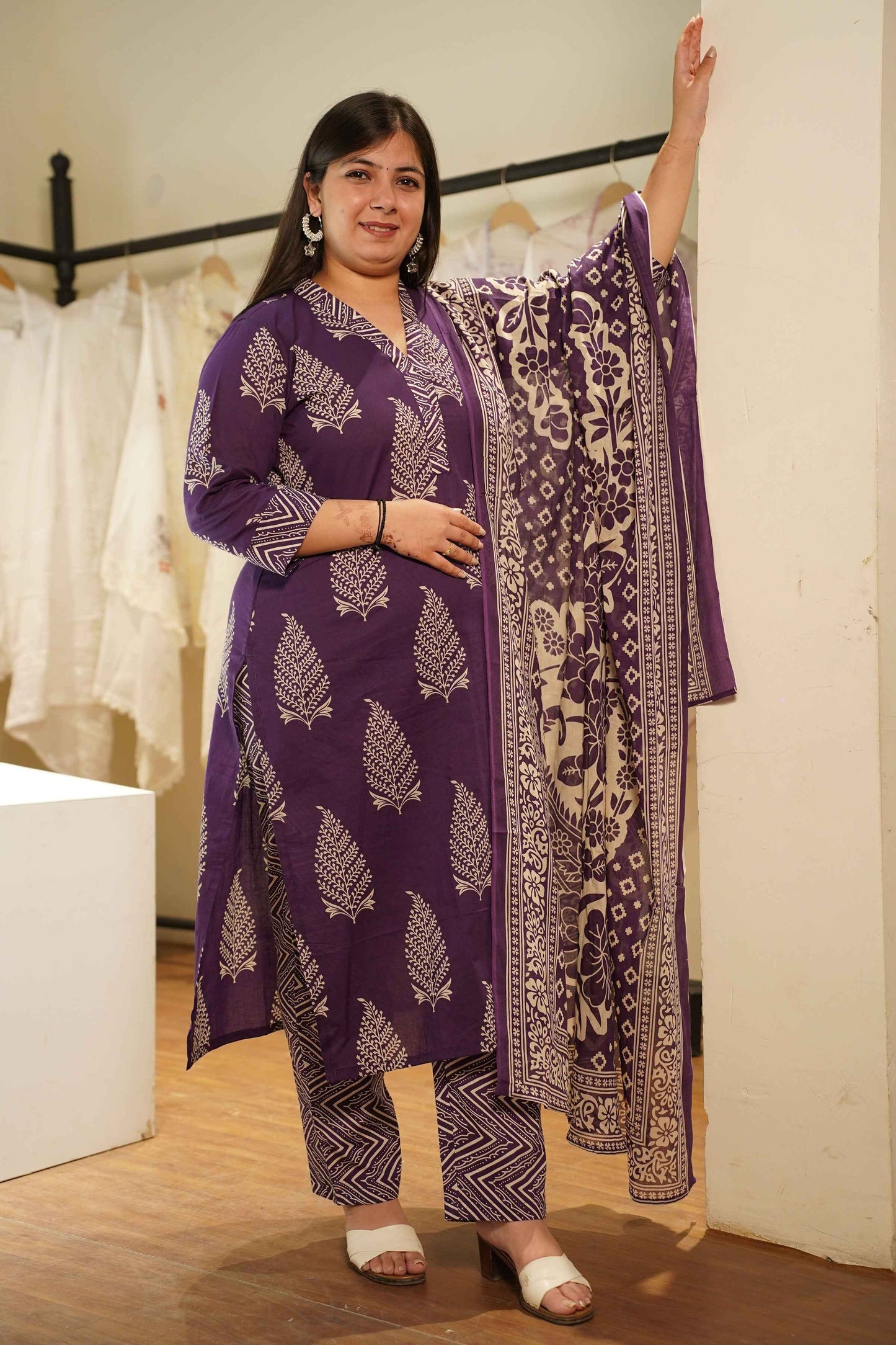 Purple Tropic Block Printed Cotton Suit Set
