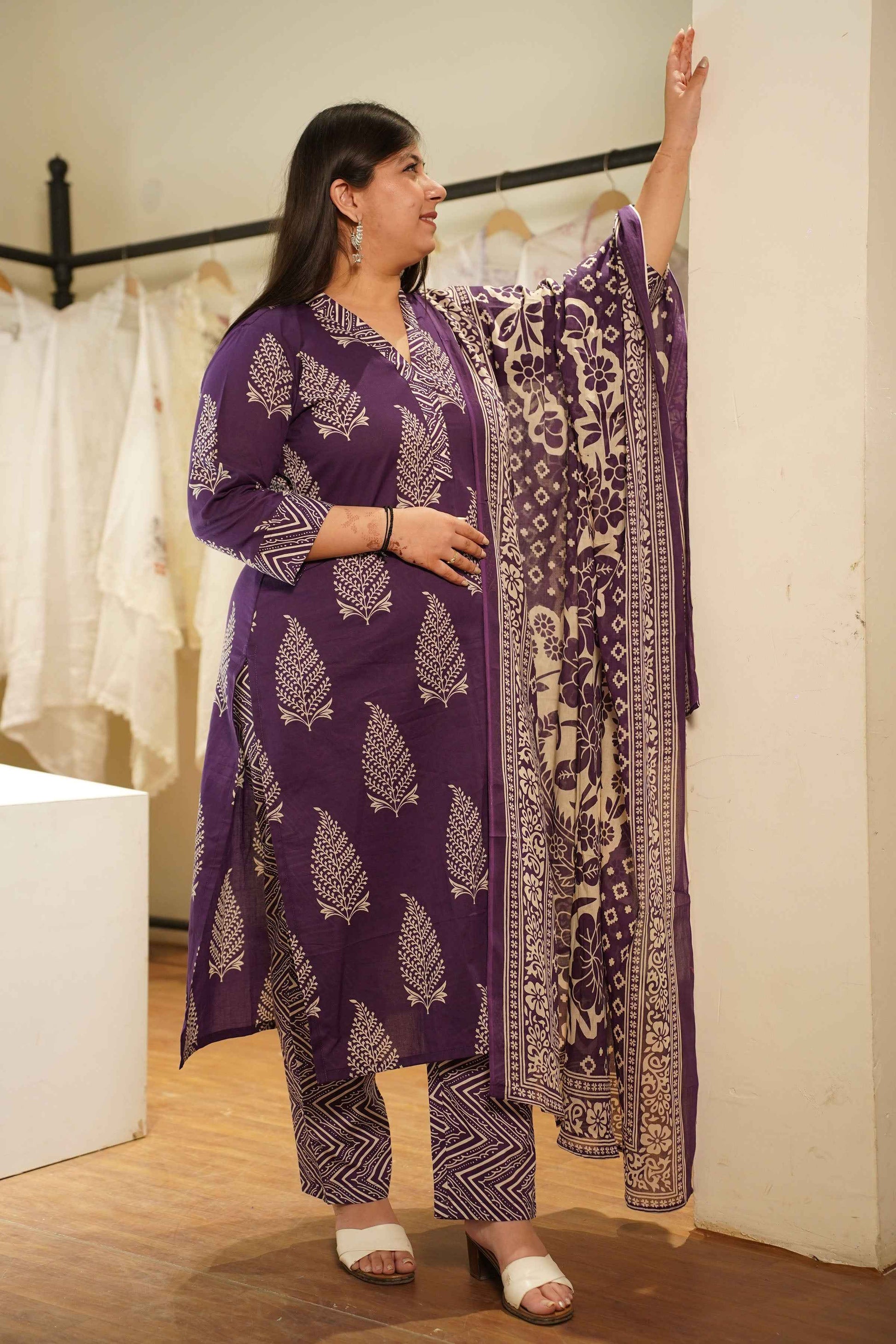 Purple Tropic Block Printed Cotton Suit Set