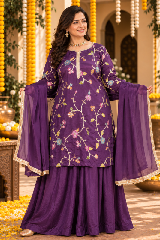 Aabroo Purple Silk Skirt Suit