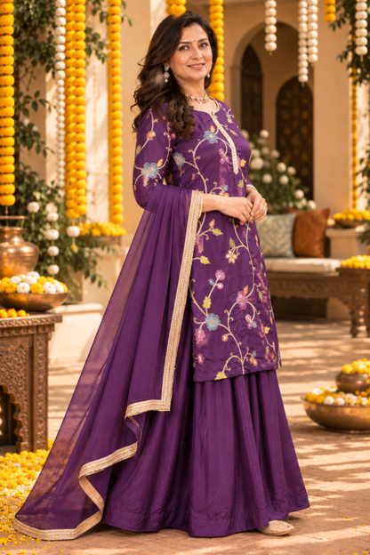 Aabroo Purple Silk Skirt Suit With Floral Motifs